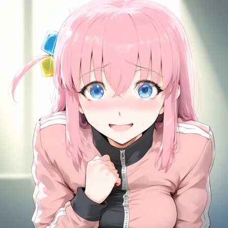(extremely detailed CG unity 8k wallpaper),eye catching,(masterpiece), (best quality), (ultra-detailed), extremely detailed,(best illustration), an extremely delicate and beautiful ,CG ,unity ,8k wallpaper,solo, smile, masterpiece, best quality, smile, highly detailed, score_4_up, score_anime, score_realstic, gotou1, gotou hitori, solo, skirt, pink jacket, track jacket, bangs, hair between eyes, long sleeves, medium breasts