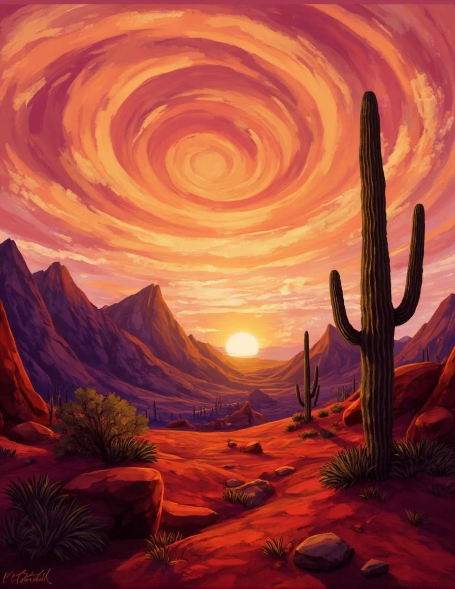 <lora:ck-LttleGhost-000011.safetensors:1> in the style of ck-lttlegh0stIn this stunning desert landscape, a towering cactus stands watch as the sun sets over the horizon, casting long shadows across the rust-red terrain. A swirling vortex of apricot and amethyst hues dominates the sky, punctuated by wispy clouds that caress jagged mountain peaks.