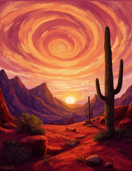<lora:ck-LttleGhost-000011.safetensors:1> in the style of ck-lttlegh0stIn this stunning desert landscape, a towering cactus stands watch as the sun sets over the horizon, casting long shadows across the rust-red terrain. A swirling vortex of apricot and amethyst hues dominates the sky, punctuated by wispy clouds that caress jagged mountain peaks.