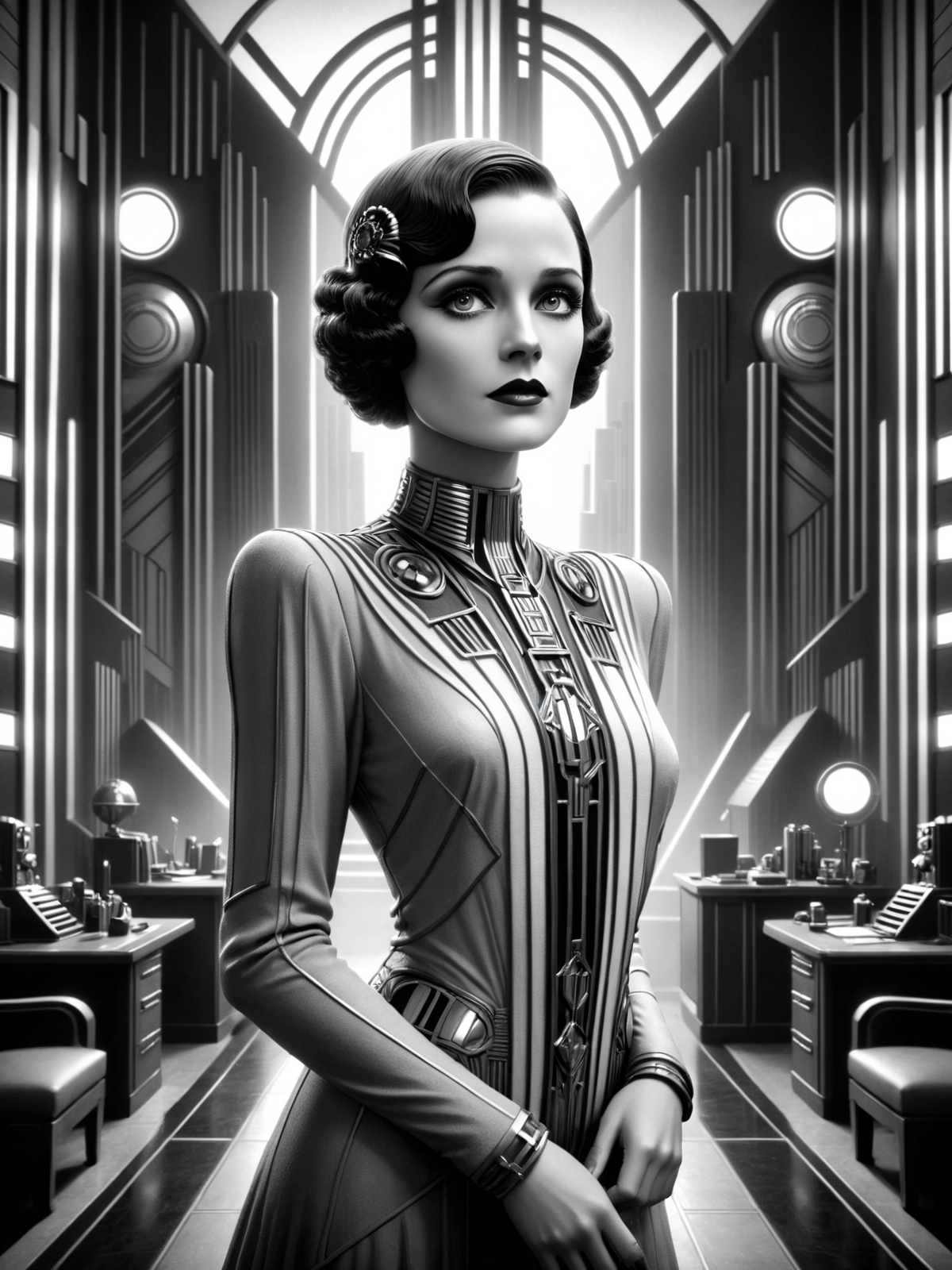 woman, office, futuristic, stylized, art deco, expressionist, 1920s, black and white <lora:Metropolis_Movie_Style_SDXL:0.8> mad-ropolis-movie, (masterpiece:1.2), best quality, (hyperdetailed, highest detailed:1.2), high resolution textures