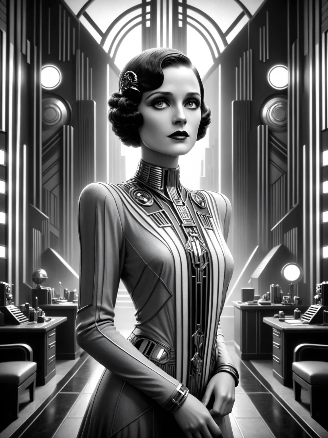 woman, office, futuristic, stylized, art deco, expressionist, 1920s, black and white <lora:Metropolis_Movie_Style_SDXL:0.8> mad-ropolis-movie, (masterpiece:1.2), best quality, (hyperdetailed, highest detailed:1.2), high resolution textures