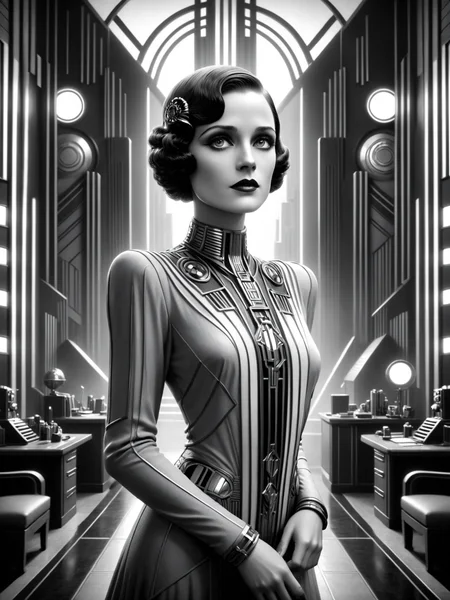 woman, office, futuristic, stylized, art deco, expressionist, 1920s, black and white <lora:Metropolis_Movie_Style_SDXL:0.8> mad-ropolis-movie, (masterpiece:1.2), best quality, (hyperdetailed, highest detailed:1.2), high resolution textures