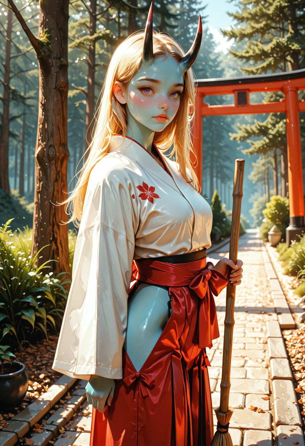 masterpiece, best quality, amazing quality, 1girl, 
 8K, illustrating, CG, detailed-eyes, detailed background, cute girl, eyelashes, lowlight
BREAK
detailed background, eyelashes, erotic, looking seductive, coy. dynamic action image, detailed face, detailed eyes, direct mesmerizing gaze, 
BREAK
(EyesHD:1.2), (4k,8k,Ultra HD), masterpiece, best quality, ultra-detailed, very aesthetic, sharp focus, depth of field, ray tracing, best lighting, detailed illustration, detailed background, cinematic, beautiful face, beautiful eyes,
BREAK
(sexy, slutty, hot, aroused), 
Aka-Oni, oni, colored skin, light blue skin, smooth horns, black horns,  muscular female, large muscles, blonde hair
BREAK
miko, japanese clothes, red hakama, white kimono, tree, (forest), broom, holding broom, sweeping, hakama short skirt, hip vent, (torii:0.9), looking at viewer,, blurry, blurry background, purple eyes,
<lora:DetailedEyes_V3:1> <lora:USNR_STYLE_ILL_V1_lokr3:0.45> usnr <lora:ponyv6_noobV1_2_adamW:0.9> <lora:GENESIS_MK0.2:0.5>