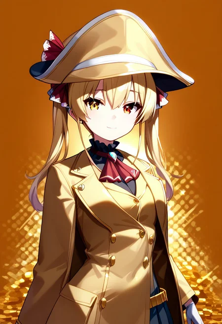 score_9, score_8_up, score_7_up, super aesthetic, rating:safe, rating:general, DeaverStyle, 1girl, solo, aua, red eyes, yellow eyes, heterochromia, gold clothing, gold hat, fully-clothed, gloves, big coat, illustration, gold, cute, shiny skin, vivid colors, treasure room, gold treasure,