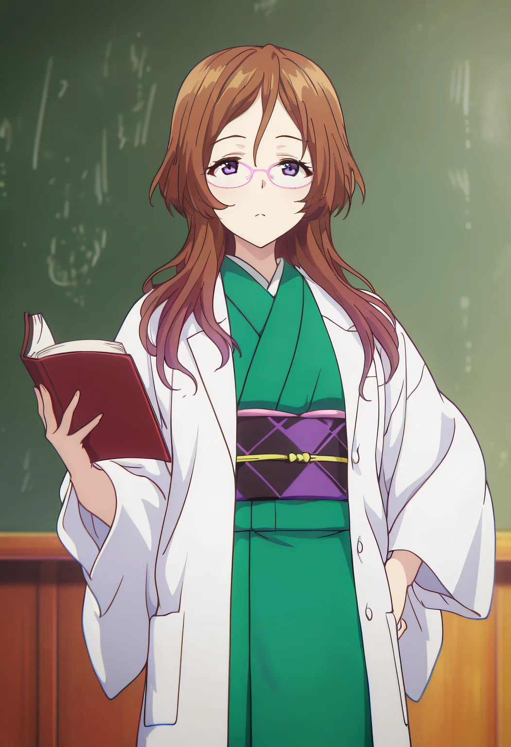 masterpiece, best quality, amazing quality, very aesthetic, absurdres,
1girl, solo, Arisu Himeno, brown hair, purple eyes, long hair, glasses, pink-framed eyewear,
green kimono, japanese clothes, sash, obi, labcoat,
holding a book, pose, hand on hips, chalkboard, green chalkboard,
anime coloring,