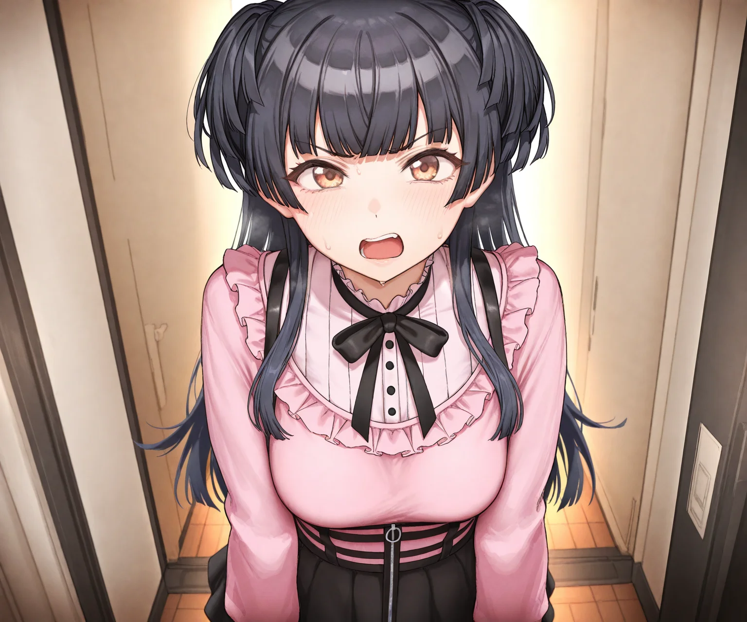 masterpiece, best quality, amazing quality, sfw, 1girl, solo, looking at viewer, open mouth, annoyed, mayuzumi fuyuko, jirai kei, pink shirt, black skirt, <lora:Mudoochi style ILL-v2:1.2> mudoochi_style