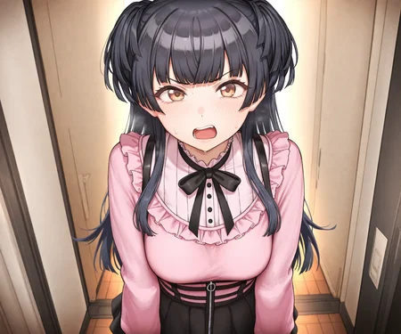 masterpiece, best quality, amazing quality, sfw, 1girl, solo,  looking at viewer,  open mouth,  annoyed,  mayuzumi fuyuko, jirai kei, pink shirt, black skirt,    <lora:Mudoochi style ILL-v2:1.2> mudoochi_style