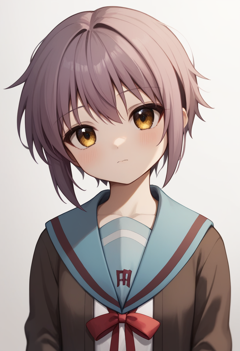 score_9,score_8_up,score_7_up,<lora:nagato_yuki_pony:1>,nagato_yuki, simple_background, brown_cardigan, red_ribbon, winter_uniform, kita_high_school_uniform, long_sleeves, highres, serafuku, blue_skirt, light_blush, short_hair_with_long_locks, solo, neck_ribbon, dot_nose, white_shirt, head_tilt, open_cardigan, absurdres, dutch_angle, 1girl, white_background, sidelocks, looking_at_viewer, upper_body, closed_mouth, from_below