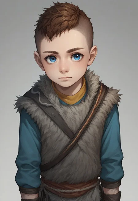score_9, score_8_up, score_7_up, source_anime, highly detailed, 1boy, solo, cute boy, Atreus, Blue Eyes, auburn Hair, Undercut, Grey Fur Tunic, Brown Boots, Quiver