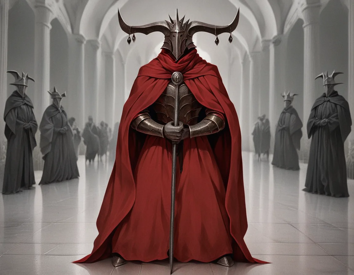 analog film photo score_9_up,score_8_up,score_7_up,score_6_up,greyscale,dark,chiaroscuro,low-key,(red theme:1.4),solo,looking at viewer,holding,standing,weapon,multiple boys,horns,cape,holding weapon,armor,helmet,polearm,staff,clenched hand,robe,multiple others,6+others,cathedral,<lora:cultistexl-000005:1>,<lora:zavy-cntrst-sdxl:0.8>,<lora:xl_more_art-full_v1:0.8>, . faded film, desaturated, 35mm photo, grainy, vignette, vintage, Kodachrome, Lomography, stained, highly detailed, found footage