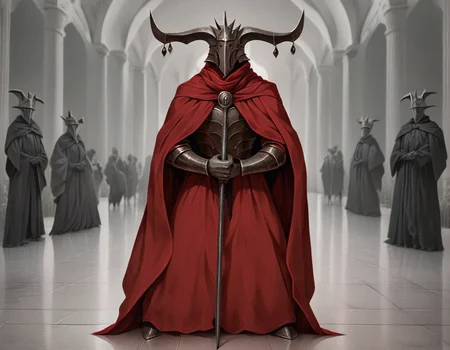 analog film photo score_9_up,score_8_up,score_7_up,score_6_up,greyscale,dark,chiaroscuro,low-key,(red theme:1.4),solo,looking at viewer,holding,standing,weapon,multiple boys,horns,cape,holding weapon,armor,helmet,polearm,staff,clenched hand,robe,multiple others,6+others,cathedral,<lora:cultistexl-000005:1>,<lora:zavy-cntrst-sdxl:0.8>,<lora:xl_more_art-full_v1:0.8>, . faded film, desaturated, 35mm photo, grainy, vignette, vintage, Kodachrome, Lomography, stained, highly detailed, found footage