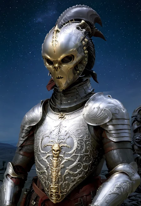 An insanely Detailed Divine Xenomorph, elfish, Golden and silver in color, cyberpunk, a crimson tinge to the golden color, Hyperdetailed, Omnipresent, Beautiful, Sinister overtones, otherworldly,((masterpiece, best quality)), fantasy, solo, 1 alien knight, silver armor chestplate with silver medieval ornaments and runes, galactic night sky background, perfect composition, sidelighting, outdoor,Ornamental armor