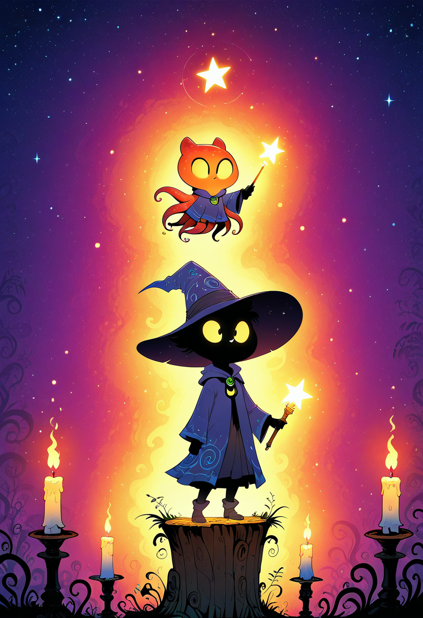 CreeepyCuteMagic,   octopus, wizardâs hat, spellbook, glowing wand, levitating stars, candlelight, warm glow, moving shadows, animated fantasy film, whimsical.
