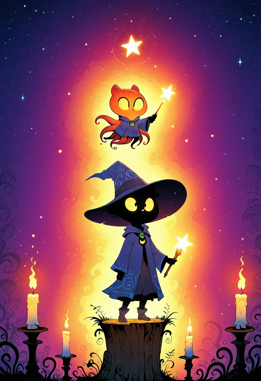 CreeepyCuteMagic, octopus, wizardâs hat, spellbook, glowing wand, levitating stars, candlelight, warm glow, moving shadows, animated fantasy film, whimsical.