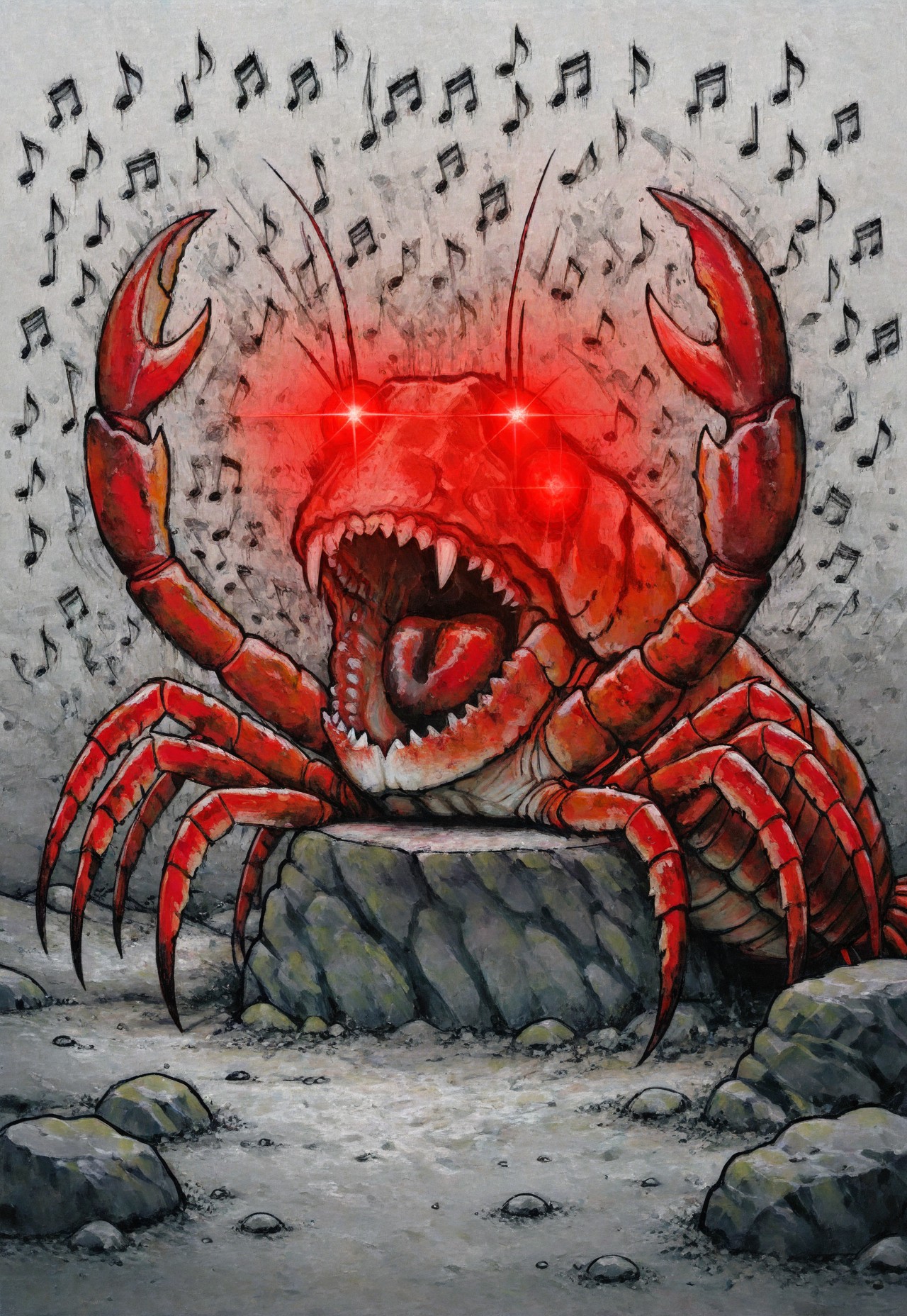 solo, lukch, painting_\(medium\), no humans, rock, (lobster), screaming, musical notes, glowing eyes,
ominous, (red background:0.1),
traditional media, best quality, absurdres