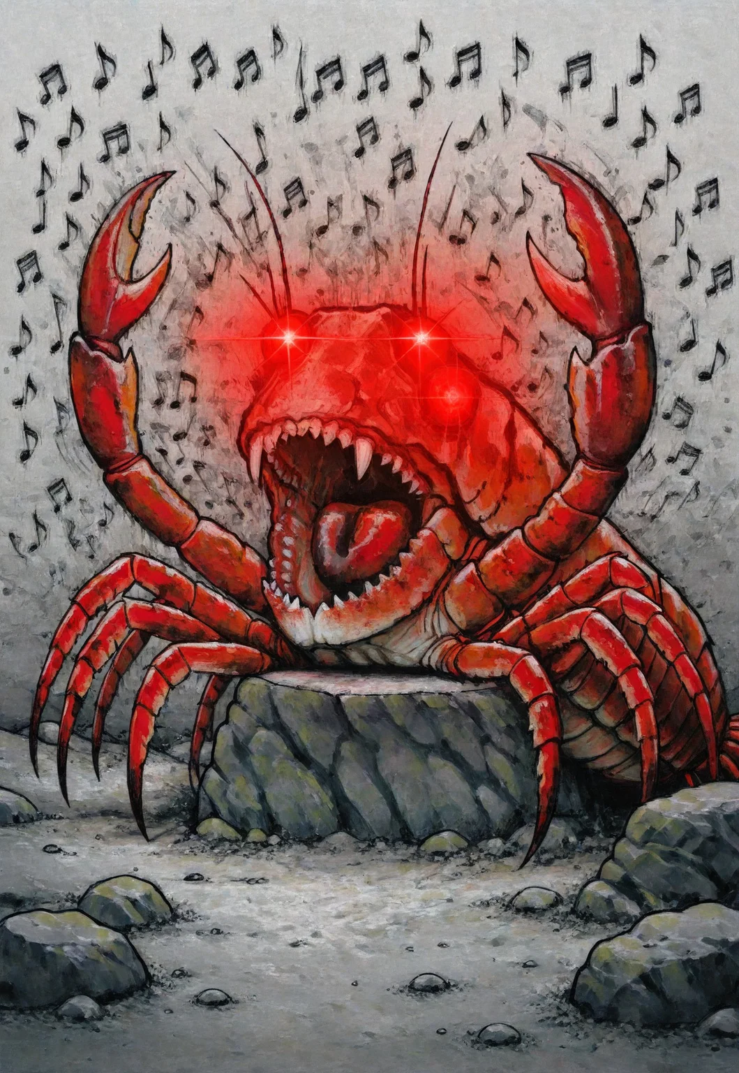 solo, lukch, painting_\(medium\), no humans, rock, (lobster), screaming, musical notes, glowing eyes,
ominous, (red background:0.1),
traditional media, best quality, absurdres