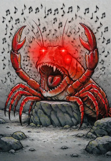 solo, lukch, painting_\(medium\), no humans, rock, (lobster), screaming, musical notes, glowing eyes,
ominous, (red background:0.1),
traditional media, best quality, absurdres