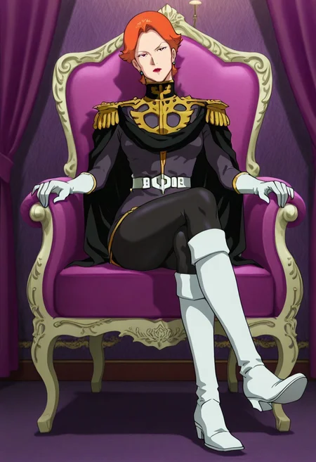 masterpiece, best quality, good quality, <lora:GOKycilia:1>, GOKycilia, 1girl, solo, orange hair, red eyes, lipstick, earrings,
black zeon military uniform, white belt, cape, capelet, white gloves, black leggings,
white knee boots, full body,
looking at viewer, crossed legs, sitting, on chair, 
BREAK indoors, light, purple curtains,