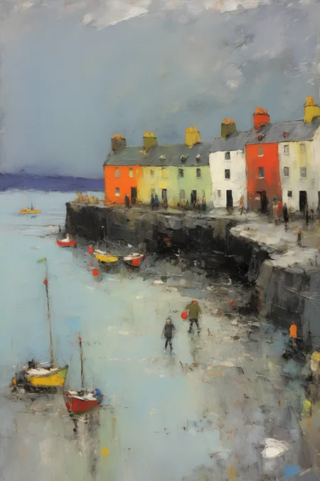<lora:William McTaggart Style:1>William McTaggart Style - Joan eardley style painting of Tobermory seafront on a stormy day in dramatic light