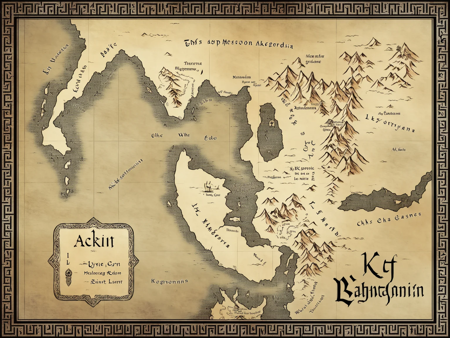 fantasy map of an ancient land, egypt, mesopotamia, akkadian, babylonian, hieroglyphics, cartouche <lora:fantasy map-heavy:0.7>