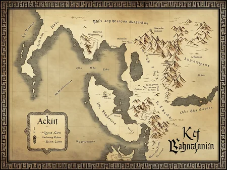 fantasy map of an ancient land, egypt, mesopotamia, akkadian, babylonian, hieroglyphics, cartouche <lora:fantasy map-heavy:0.7>