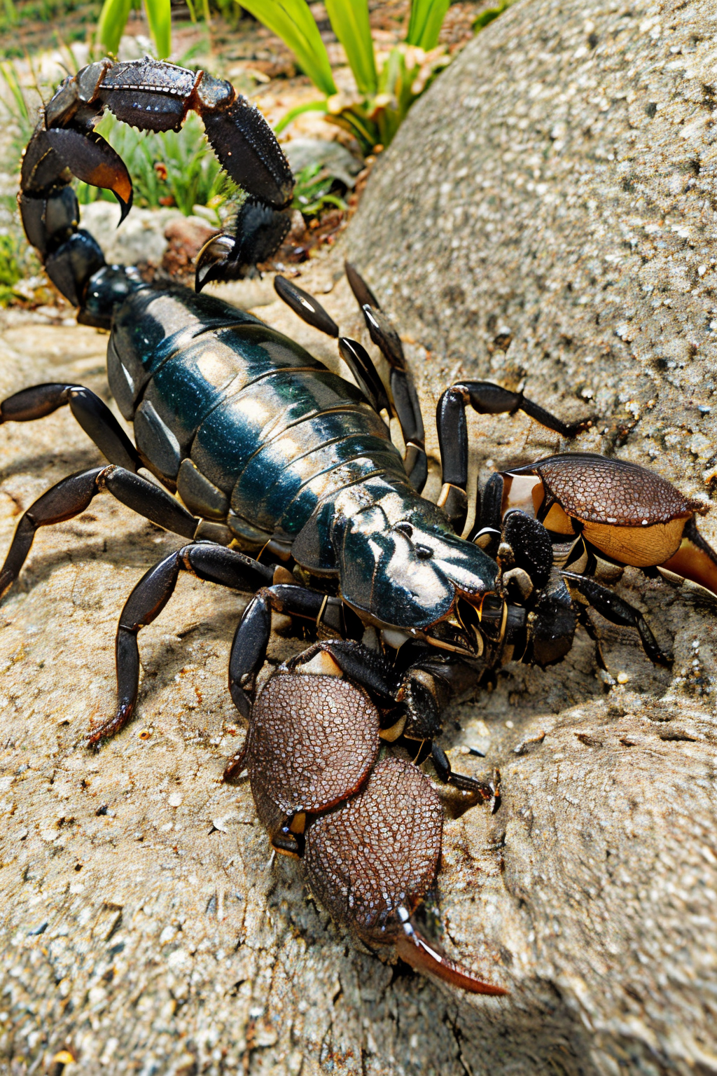(Realistic:1.5) EdobScorpion, sky, grass, underwater, turtle, beetle, brown hair, 1boy, solo, blue theme, 1other, <lora:EdobScorpionPhotoReal_v1.0:0.8>