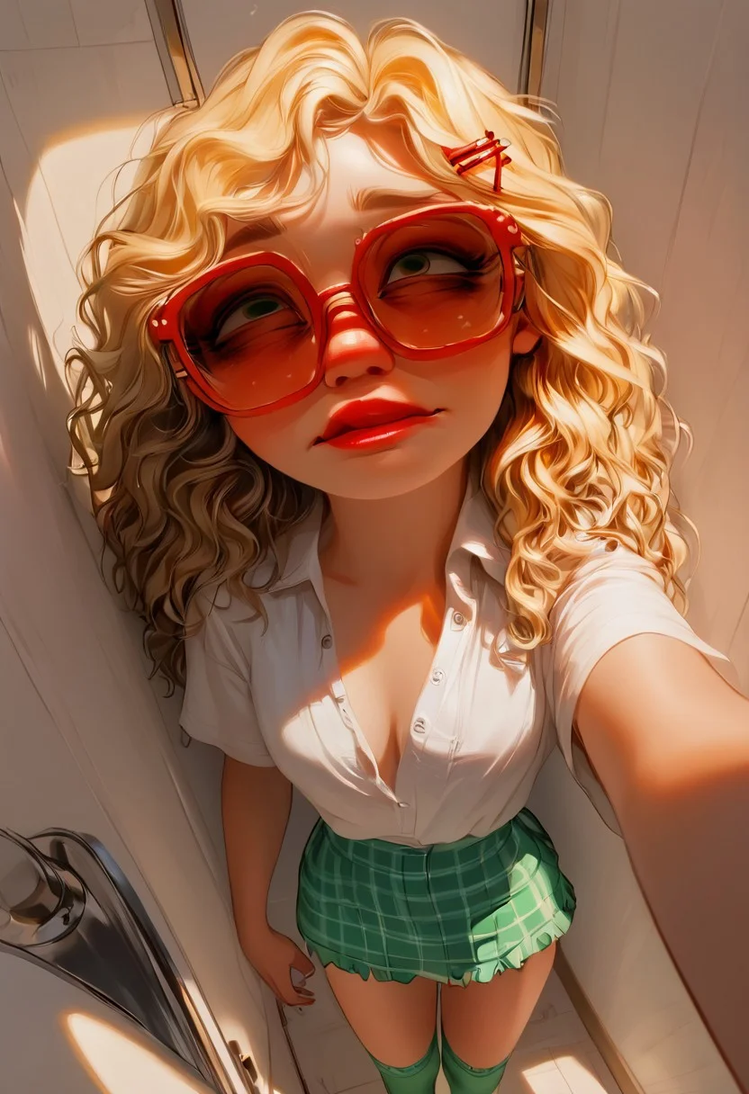 score_9, score_8_up, score_7_up, score_6_up,
(((High Resolution, Best Quality, Semi Realism))),
((tiny breast:1.3))
(((girl alone selfie, unbuttoned,elevator, short mini plaid skirt, blonde, green stockings, pale realistic skin, hazel eyes, natural face, no makeup face, long wavy hair,embarassed face, shame face, red cheeks))), hairclip,nerd glasses
((top angle view:1.5))