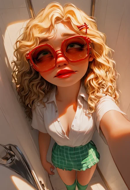 score_9, score_8_up, score_7_up, score_6_up, 
(((High Resolution, Best Quality, Semi Realism))),
((tiny breast:1.3))
(((girl alone selfie, unbuttoned,elevator, short mini plaid skirt, blonde, green stockings, pale realistic skin, hazel eyes, natural face, no makeup face, long wavy hair,embarassed face, shame face, red cheeks))), hairclip,nerd glasses
((top angle view:1.5))