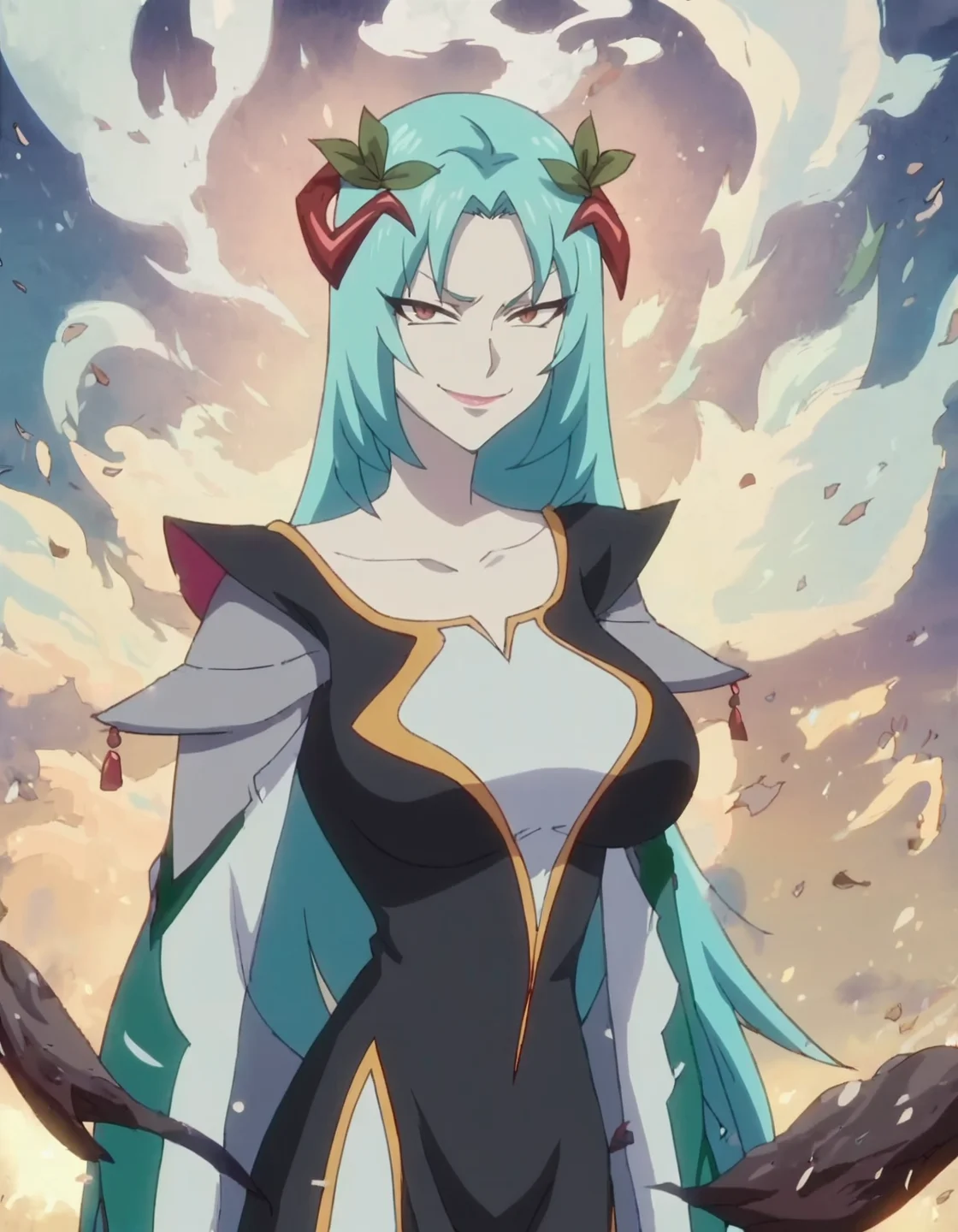 score_9, score_8_up, score_7_up, 1girl, solo, anime screencap, long hair, dress, blue hair, hair ornament, standing,large breasts, black dress, aqua hair, looking at viewer,evil smile,white skin,battle <lora:northa:0.9>