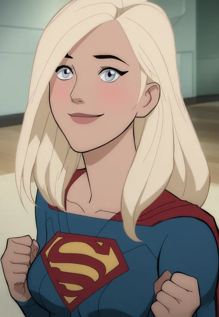 score_9, score_8_up, score_7_up, source_catoon, <lora:Supergirl_PDXL_by_paprikalem:1>, supergirl, grey eyes, blonde hair, long hair, medium breasts, supergirl costume, standing, looking at viewer, shy, blush, smile, clenched hands, portrait, face focus, indoors, best quality, high quality
