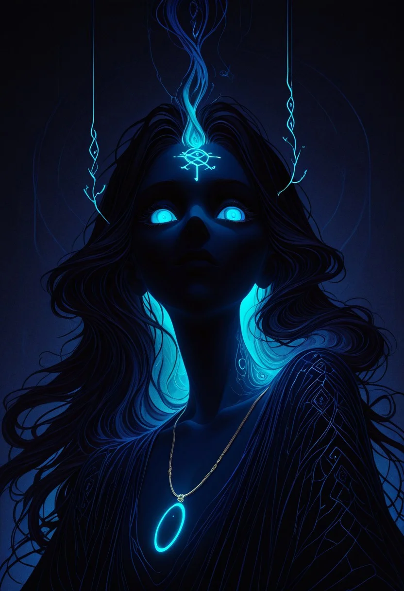 ajnblyst, mystical woman, monochrome portrait with glowing neon blue eyes, extreme close-up of face and décolletage, dark flowing hair blending into shadows, black silk robe slipping from her shoulders, intricate golden necklace faintly catching the light, cold breath visible in the dim candlelight, runes flickering blue along her collarbone, chiaroscuro contrast, mysterious and otherworldly, deep noir aesthetic with a single glowing blue accent