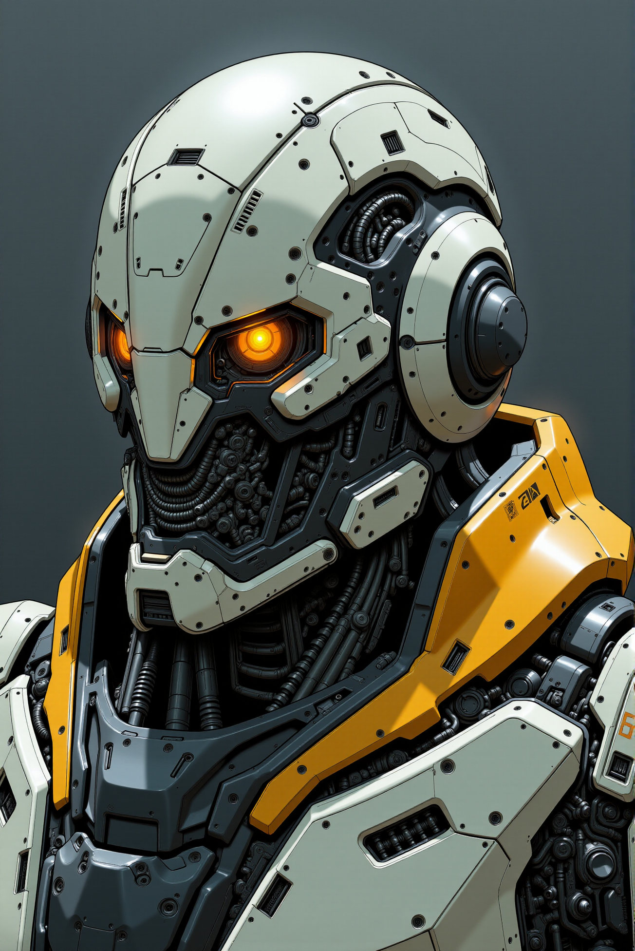 <lora:Mecha_Anime_style_v.1:0.8>  A humanoid mecha exosuit rendered in precision industrial anime style, with a pilot cockpit embedded in the torso framed by reinforced ceramic armor plates in glossy off-white, contrasted by muted graphite paneling and bright hazard-orange mechanical limbs. The design incorporates articulated servo joints, modular access panels, and detailed caution labeling across limb plating, enhancing its functional realism. Inked with clean contour lines and shaded using a cel-rendered approach, the suit features high-contrast highlights and geometric decal motifs on the forearms, while exposed wiring and hydraulic pistons add mechanical depth. Displayed on a neutral black-to-charcoal vertical gradient, the silhouette is clean and upright, emphasizing utility-driven elegance and modular construction symmetry.