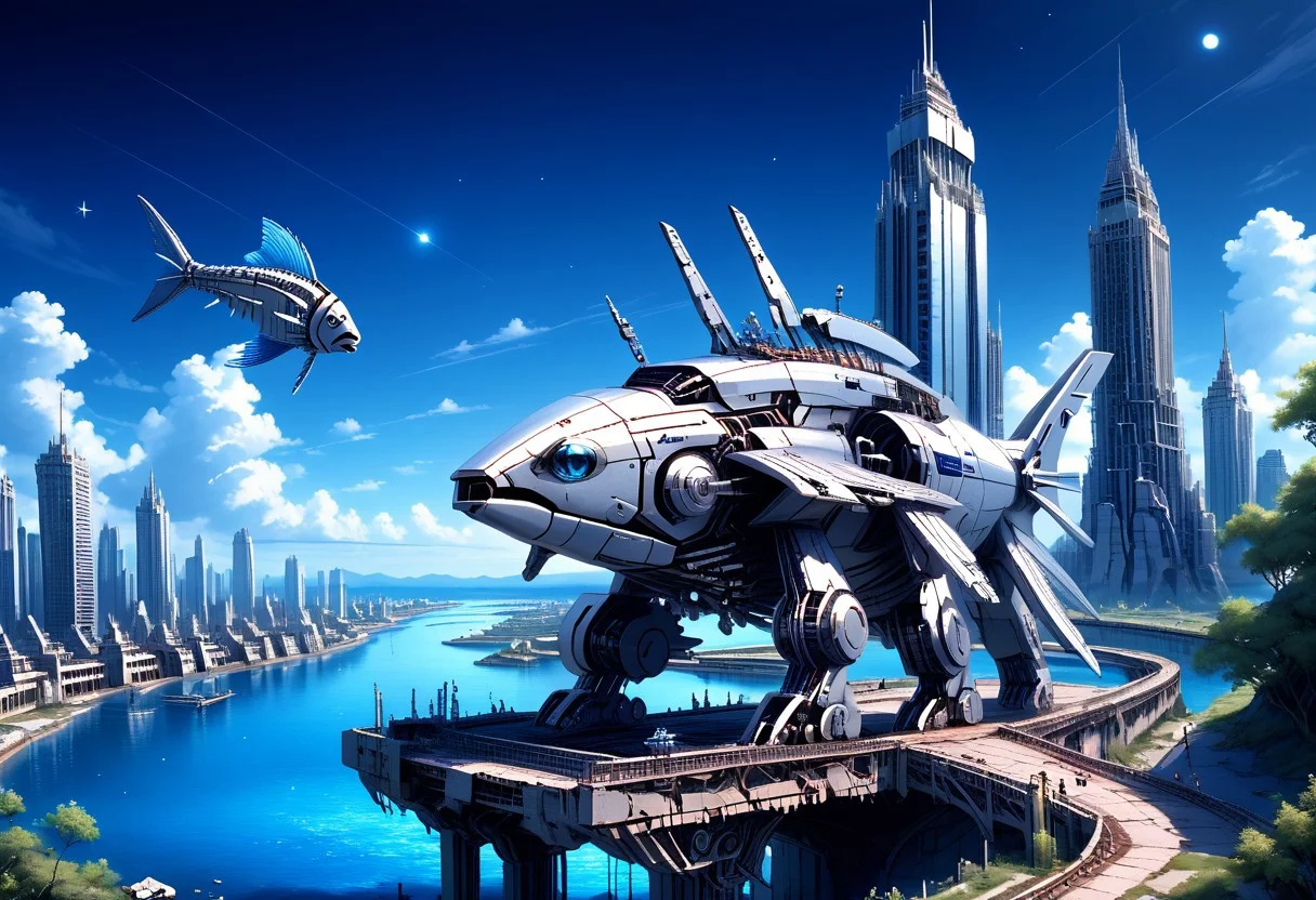 fastenerswm, scenery,building,city,water,cityscape,sky,outdoors,cloud,cloudy sky,bridge,day,ruins,skyscraper,blue sky,ocean,tower,tree,fish, mecha,science fiction,no humans,glowing,retro artstyle,space,star \(sky\),planet,earth \(planet\),space craft,starry sky,weapon,milky way, by advntr,