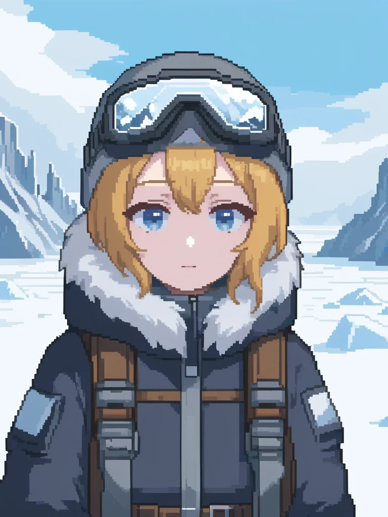 <lora:pixel style-000007:0.7>,pixel style,Imagine a resilient and beautiful woman leading an Arctic expedition. She's bundled in fur-lined expedition gear, her eyes bright against the stark white landscape, undeterred by the challenging environment.