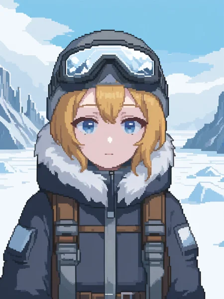 <lora:pixel style-000007:0.7>,pixel style,Imagine a resilient and beautiful woman leading an Arctic expedition. She's bundled in fur-lined expedition gear, her eyes bright against the stark white landscape, undeterred by the challenging environment.