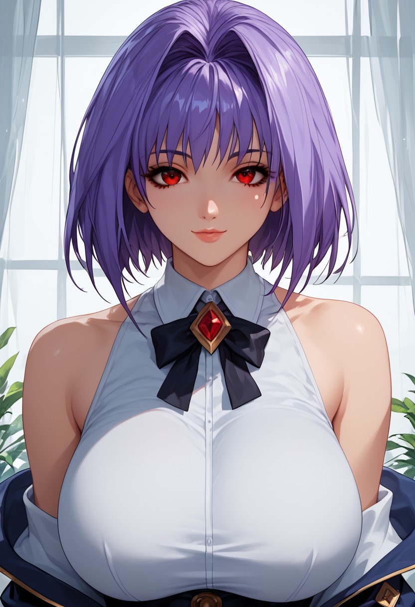 score_9, score_8_up, score_7_up, score_6_up, 1girl, solo, looking at viewer, light smile, huge breasts, large breasts, Expressiveh, RuriSarasapv1, red eyes, short hair, purple hair, hair intakes, dress