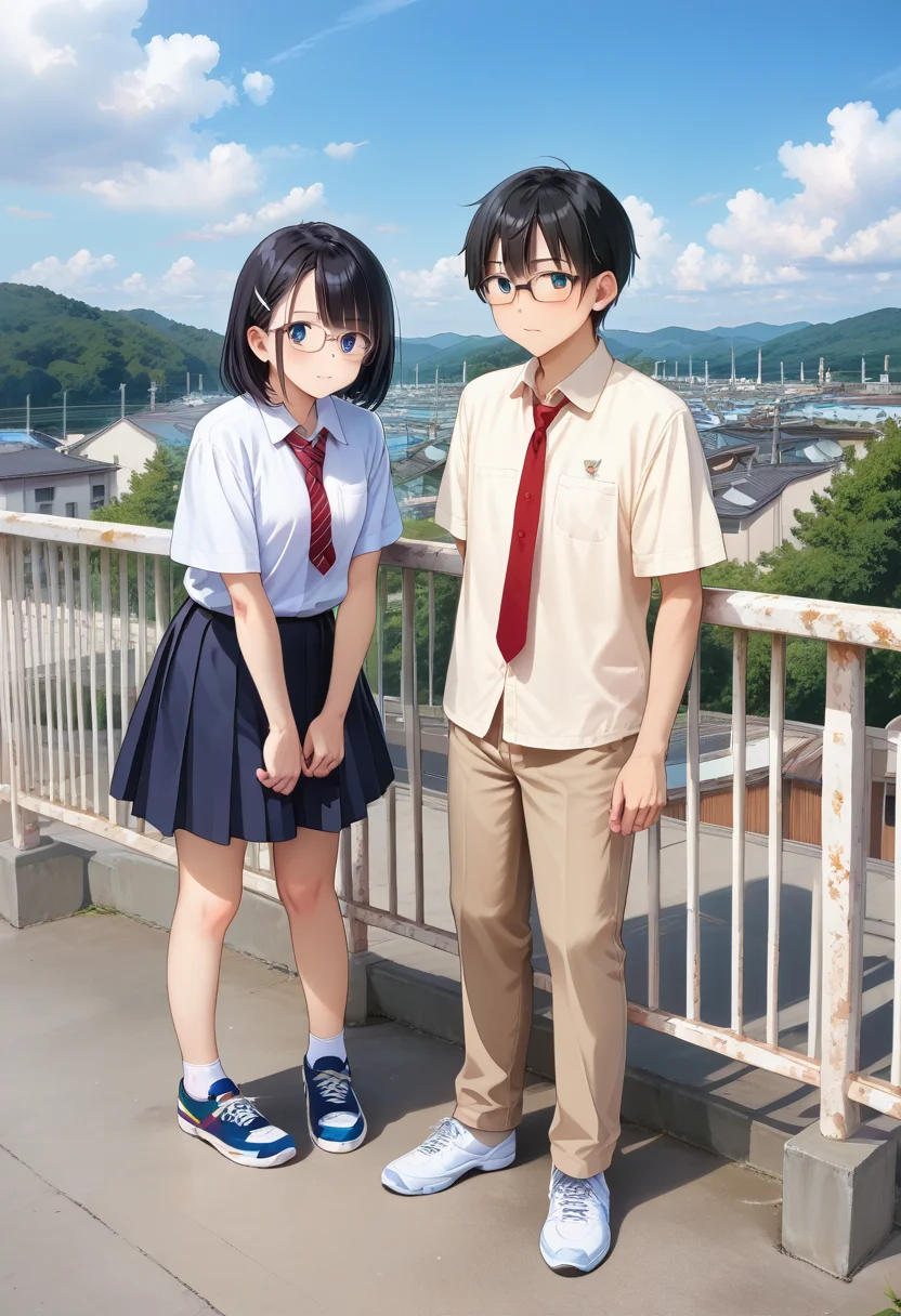 score_9, score_8_up, score_7_up, rating_safe, masterpiece, best quality, absurdres, unity 8k wallpaper, official art, official style, source_anime, uncensored, game cg, megami magazine,
1girl, glasses, collared shirt, red necktie, pleated skirt, blue skirt, blush, 1boy, shirt, pants, shoes, short sleeves, sneakers, standing
okujyou, outdoors, sky, short hair, black hair, blue sky, day, scenery, railing, fence, power lines, photo background
<lora:gakkou_okujyo_PONY_V1:1>