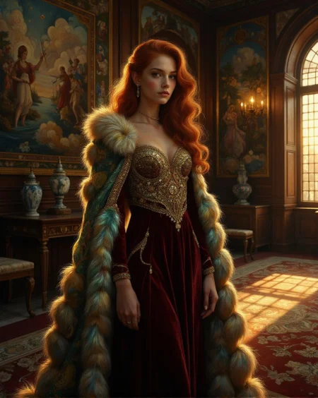 <lora:ck-swirlycircles-000015.safetensors:1> digital artwork in the style of ck-swc
In a grand hall bathed in the soft, golden light of dusk, a striking woman stands with an air of regal poise. Her gown, a rich burgundy velvet, is intricately adorned with delicate gold beadwork that cascades from her neckline to her waist, creating a shimmering tapestry of luxury. Over her shoulders, she drapes a sumptuous fur cape, its iridescent hues of green, blue, and yellow catching the light and casting a mesmerizing glow. The fabric of the cape seems to ripple like the surface of a tranquil lake, adding a touch of vintage opulence.
The woman's hair, a cascade of fiery red, falls in gentle waves down to her shoulders, framing her face with a halo of warmth. Her eyes, deep and contemplative, reflect the wisdom and strength of a true sovereign. The setting is an ornate chamber, adorned with intricate tapestries and ornate furniture. The walls are paneled with dark wood, and a large, arched window lets in the soft, diffused light of the setting sun, creating dramatic contrasts of light and shadow.
In the background, a tapestry depicting a heroic scene from ancient mythology adds a layer of allegory, symbolizing valor and wisdom. The interplay of light and shadow casts deep, sculptural shadows, enhancing the lifelike quality of the subjects and giving the scene a timeless, almost sculptural depth. The atmosphere is serene and timeless, drawing the viewer into a world of classical beauty and profound meaning.