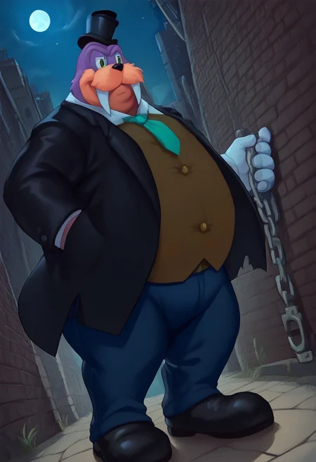 score_9, score_8_up, score_7_up, sfw, rotund, furry male, Rotor the walrus as mr walrus, with large mustache, <lora:MrWalrus_PXL_Leaf1:1>, green eyes, fangs, furry,  furry anthro, alley, dutch angle, posing,  clothed, (((dutch angle, posing, from below))), walrus, fat, overweight, walrus tusks, squinting eyes, smile, solo, 1boy, male focus, <lora:pony_monocles-step00000800:1>,(monocle),round eyewear, top hat,, suit, gloves, furry male, mustache, necktie, a robber-baron wearing a monocle on a chain on his left eye, top hat, white shirt, black vest from 1900, holding a pocketwatch, standing
BREAK
city, ruins, back alley, outside, night, moon, stars, ambient light,