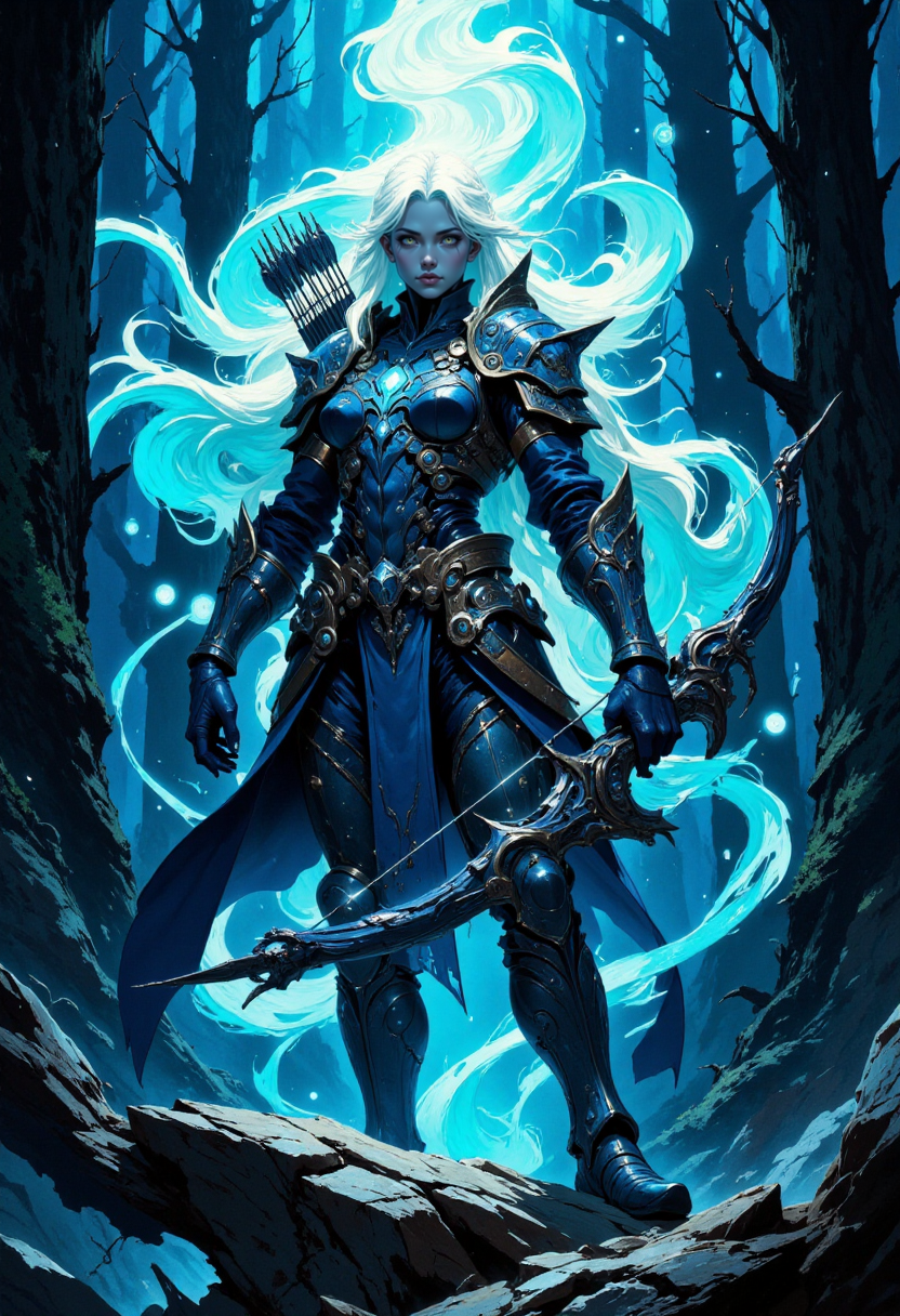 a female warrior standing on a rocky terrain. She has long, flowing white hair and is dressed in intricate, metallic armor with a dark blue and silver color scheme. Her skin is pale, and she holds a large, ornate bow in her left hand, with a quiver of arrows on her back. The background is a mystical forest with tall, dark trees and a glowing, ethereal light illuminating the scene from above. The atmosphere is otherworldly, with swirling blue energy orbs surrounding the warrior, adding a sense of magic and power. The composition is vertical, emphasizing the height and elegance of the character, with a focus on her poised and confident stance.
<lora:Anime v1.3:0.6> <lora:VividlyReal:0.6> <lora:FLUX-daubrez-DB4RZ-v2:0.4>