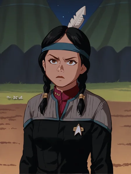 score_7_up, BREAK, TigerLily, 1girl, solo, black hair, twin braids, brown eyes, dark skin, blue headband, feather hair ornament, portrait, <lora:TigerLily_PXL_Leaf1:1>, outdoors,
ds9st,black and grey star trek uniform,(grey shoulders),red neck,red strip at wrist,black jumpsuit,long black sleeves,black pants<lora:ponyDS9>
