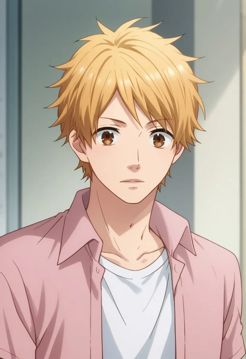 score_9, score_8_up, score_7_up, source_anime, highly detailed,
natsuki,
1boy, male focus, solo, blonde hair, upper body, brown eyes, shirt, collared shirt, pink shirt, open shirt, open clothes, white t-shirt, pants,