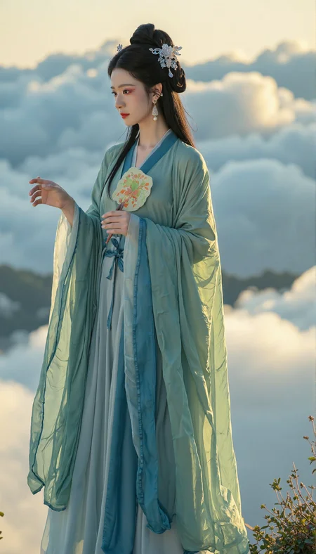In this new masterpiece, a woman dressed in traditional Ming Dynasty attire stands gracefully against an ethereal background of clouds. Her long silk robe is adorned with blue and green hues, characteristic of the era's fashion. The wide sleeves, typical of Ming Dynasty design, flutter gently in the wind. The woman now has her hair styled in a cascading braid, secured with jade hairpins that glint softly against the light. She wears elegant earrings crafted from pearls and delicate flowers, complementing her refined appearance. A silver hairpin holds her elaborate bun in place, highlighting her exquisite taste. She holds a fan elegantly in one hand, as if about to wave it away, symbolizing her social status and grace. The scene is bathed in the soft glow of sunset, casting long shadows over the cloud sea beneath her. The lighting, naturalistic yet detailed, emphasizes her regal pose and attire, reminiscent of artists who specialized in Ming Dynasty court portraits. This high-quality piece conveys a sense of cultural richness and the elegance of Ming Dynasty court life, with a refined nobility that transcends time. The masterful detailing captures the essence of its era, elevating this image to a high level of craftsmanship and artistry.. qingyi<lora:flux\ã麦æ©éè¡£ãMajicflus.safetensors:0.7000000000000001:0.7000000000000001> <lora:flux\majicbeauty1.safetensors:1.0:1.0>