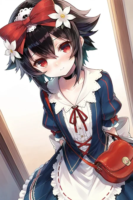 <lora:Snow White IL:0.7>,Snow White,red eyes,hair ornament,bow,hair flower,red bow,flower,short hair,ribbon,frills,hair bow,red ribbon,hair between eyes,black hair,flat chest,dress,, 1girl,masterpiece,best quality,amazing quality,very aesthetic,absurdres,newest,8K,prefect face, uncensored,