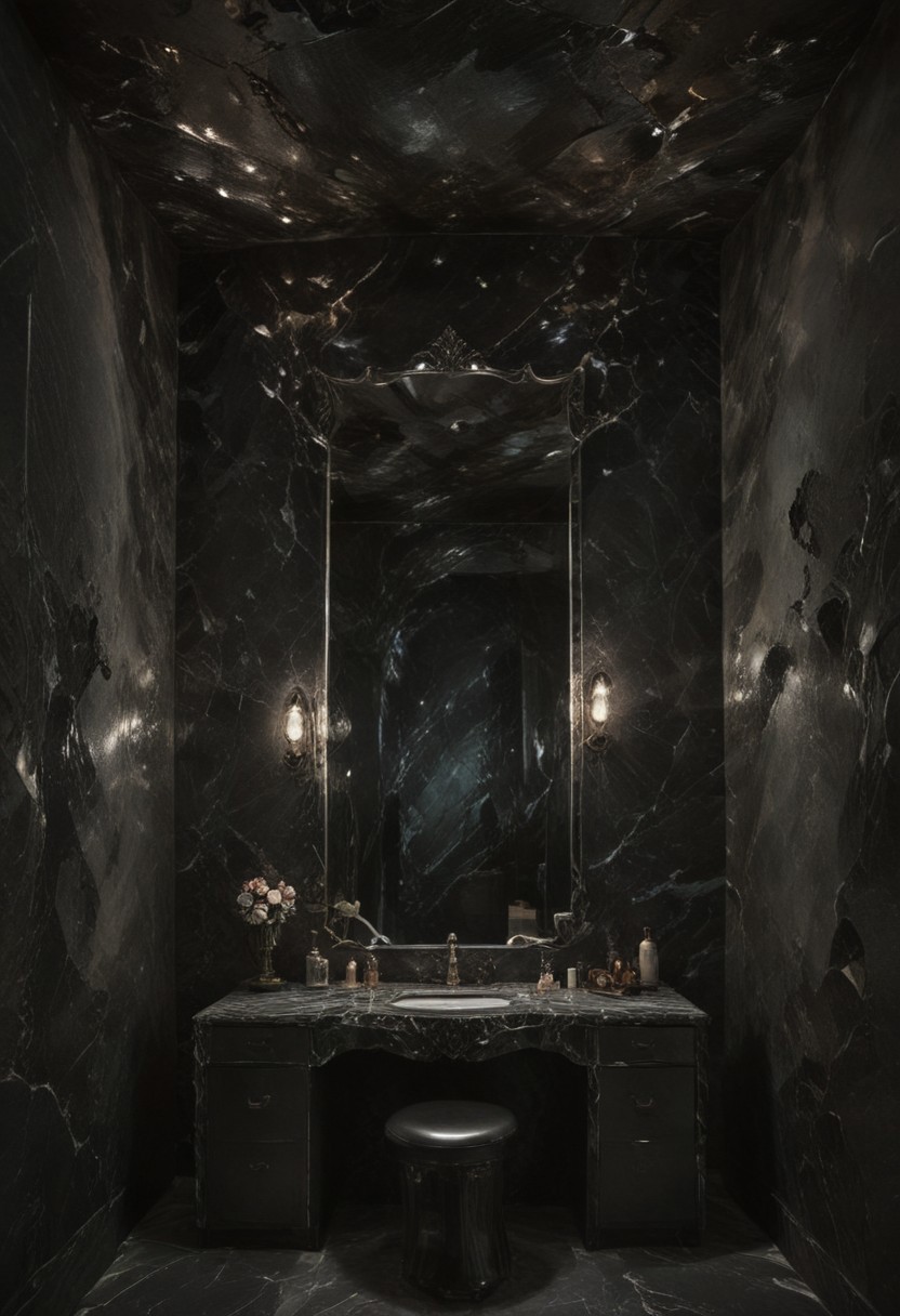 a burlesque dancer's dressing room within a crystal cavern; the cavern wall is dark onyx or obsidian, a pair frosted-glass marble sconces on the walls, on either side of the dressing room's vanity mirror. dark,