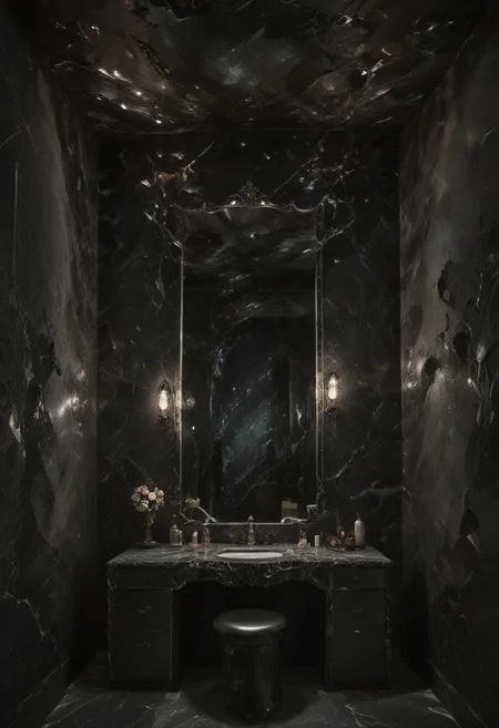 a burlesque dancer's dressing room within a crystal cavern; the cavern wall is dark onyx or obsidian, a pair frosted-glass marble sconces on the walls, on either side of the dressing room's vanity mirror. dark,