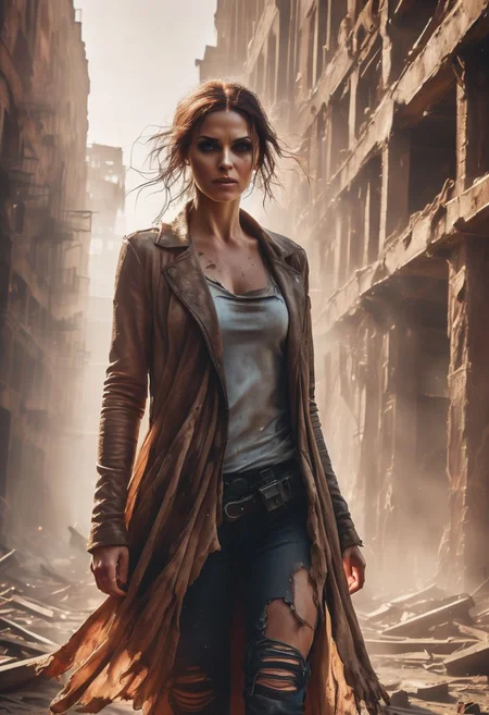 A full body character of a woman in thin clothes with a dramatic camera angle, dynamic motion blur, lens flares, distant ruins or destroyed buildings, more dramatic lighting, deeper and more contrasted shadows, a colder color grading, a desolate wasteland background and her expression is a mix of determination and sadness. The scene is set in a walking dead scenario with high detail, 4k resolution, ultra HDR, and ghostly beauty. The image should reflect intricate details, raw photo quality, and a windy atmosphere.