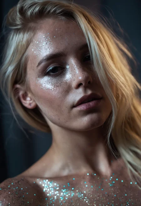 sdxl_bregjebloem, close-up of face and bare shoulders, glitter on skin, moody lighting, dreamy atmosphere, cinematic color grading