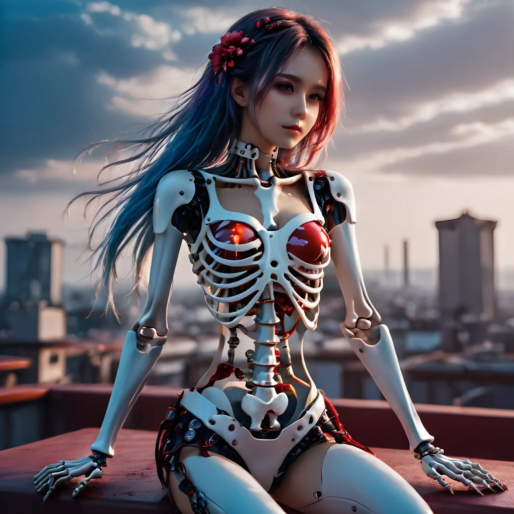 (Dreamscape:1.5),(ethereal:1.5),analog film photo,realistic,a beautiful girl with skeleton body,
full body,Blood Mist,background_Urban rooftop,1 girl,despair,blood sakura,((masterpiece)),(((best quality))),((ultra-detailed)),((disheveled hair)),Blood Cherry Blossom,torn clothes,crying with eyes open,solo,Blood Rain,bandages,Gunpowder smoke,beautiful deatailed shadow,Splashing blood,dust,tyndall effect,
mechanical skeleton,<lora:mechanical_skeleton:1>,