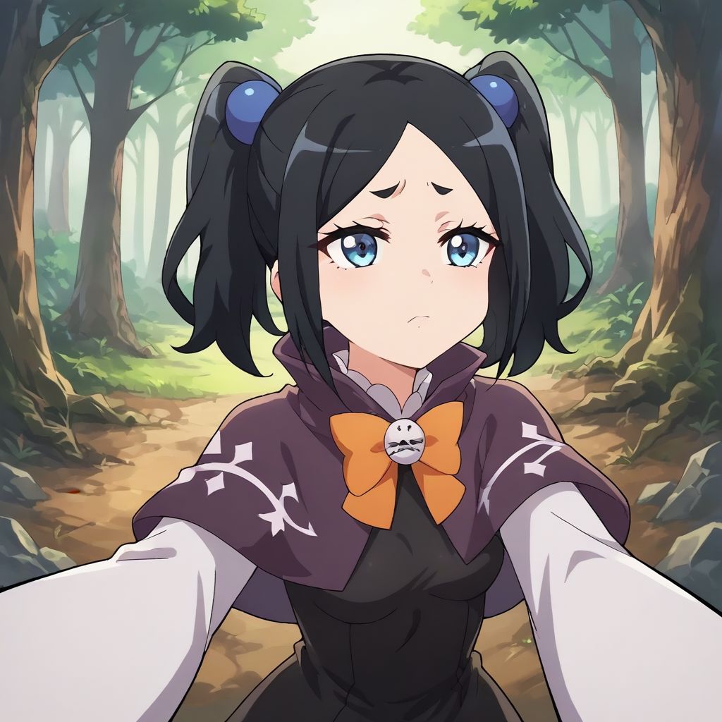 score_9, score_8_up, score_7_up, source_anime, (forest, grassfloor), (expressionless, faint upset:0.8, disgusted:0.6), (black dress, white sleeves, orange bow, purple capelet, black pantyhose, frills, blue hair ornament,
standing, selfie,
black hair, blue eyes, twintails, small breasts
<lora:Toxico_Dannar_-_Futoko_no_Guild_-_Pony:0.8>)